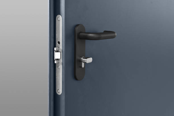 istock Steel Dark Blue Door With Lock And Black Plastic Handle 1131233414