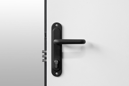 Steel Dark Blue Metallic Door With Lock And Black Plastic Handle