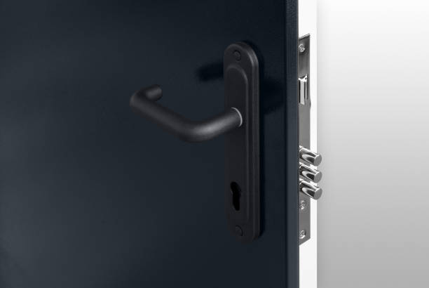 istock Steel Dark Blue Door With Lock And Black Plastic Handle 1131233452