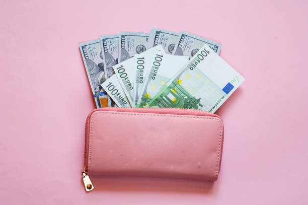istock Pink purse with euro and dollar on pink background. 1131234620