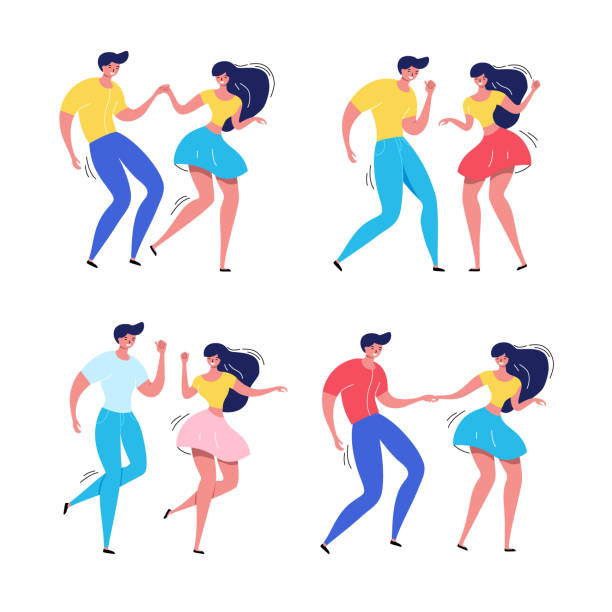 illustrazioni stock, clip art, cartoni animati e icone di tendenza di coppia danzante con il pubblico. rockabilly dance party. ballerini swing felici con spettatori illustrazione vettoriale isolata - 1950s style couple old fashioned heterosexual couple