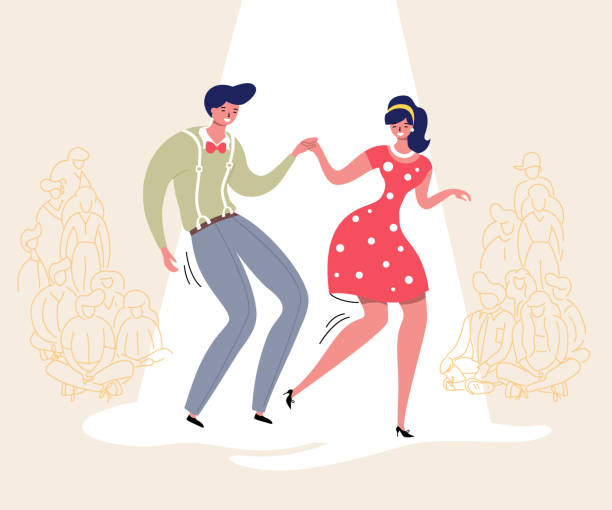 illustrazioni stock, clip art, cartoni animati e icone di tendenza di coppia danzante con il pubblico. rockabilly dance party. ballerini swing felici con spettatori illustrazione vettoriale isolata - 1950s style couple old fashioned heterosexual couple