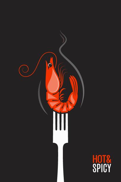 illustrations, cliparts, dessins animés et icônes de crevettes sur la fourchette. crevette grillée de tigre. crevettes chaudes sur le fond noir - black tiger shrimp