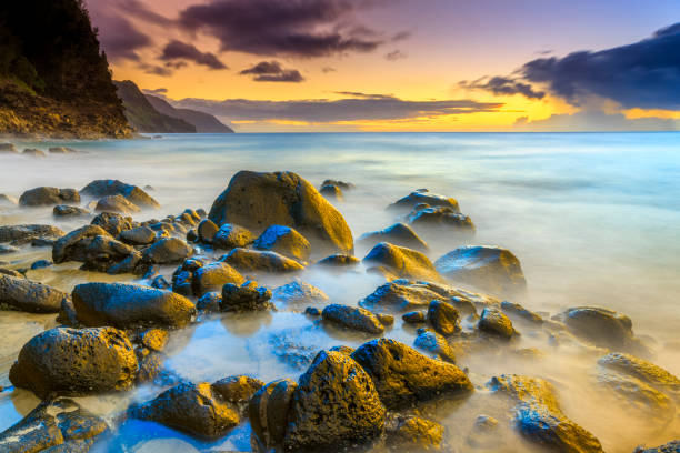 Na Pali Coast Beach at sunset on the Island of Kauai