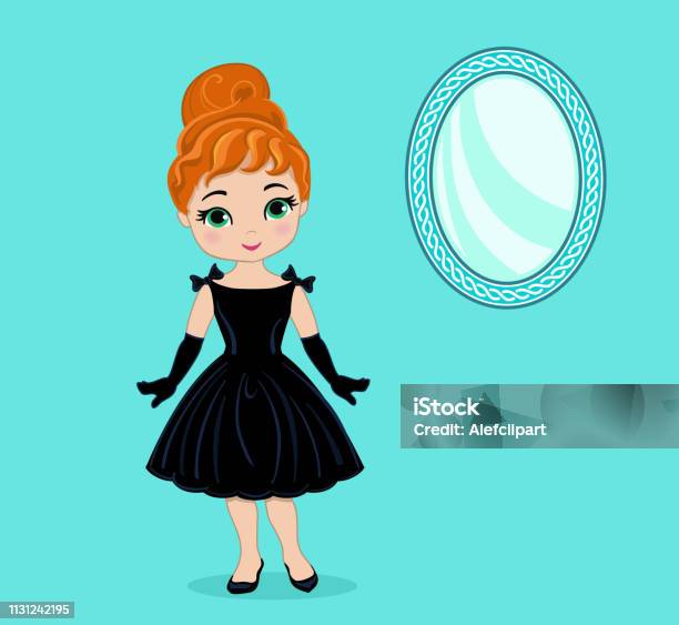 Beautiful Retro Woman In Little Black Dress With A Gloves Stock Illustration - Download Image Now