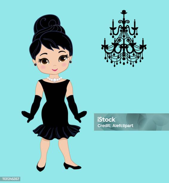 Beautiful Retro Woman In Little Black Dress With A Gloves Stock Illustration - Download Image Now