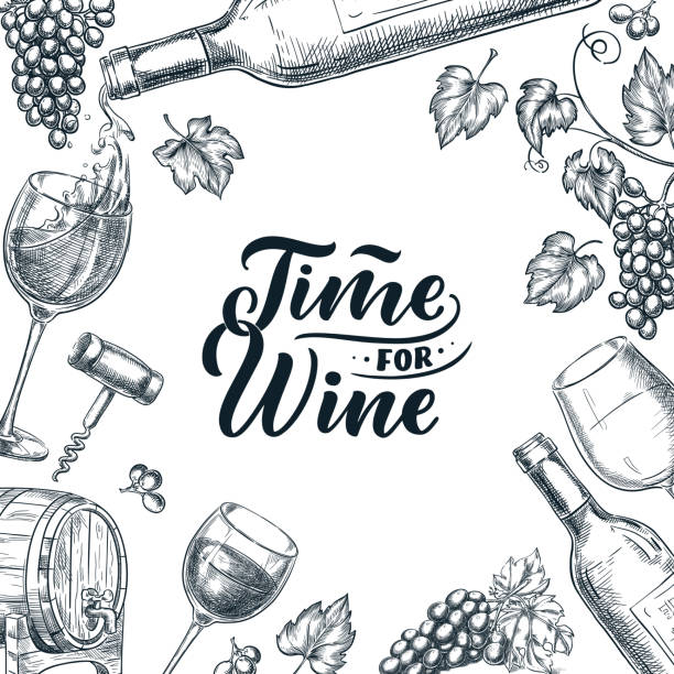 el çizimi hat yazısı ile şarap çerçevesi zamanı. vektör kroki illustration. poster, etiket veya menü tasarımı. - wine stock illustrations