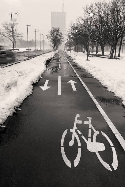 Wet bicycle lane in city in bad weather in winter season with road signs painted on asphalt traffic symbol. Black and white image Wet bicycle lane in city in bad weather in winter season with road signs painted on asphalt traffic symbol. Black and white image all weather running track stock pictures, royalty-free photos & images