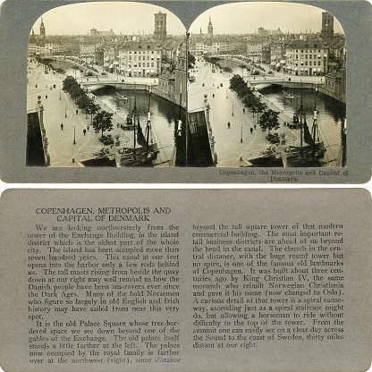 Copenhagen, Denmark, stereograph card and description. Photographed in 1897. Original 7 inch x 3.5 inch at 300 dpi.