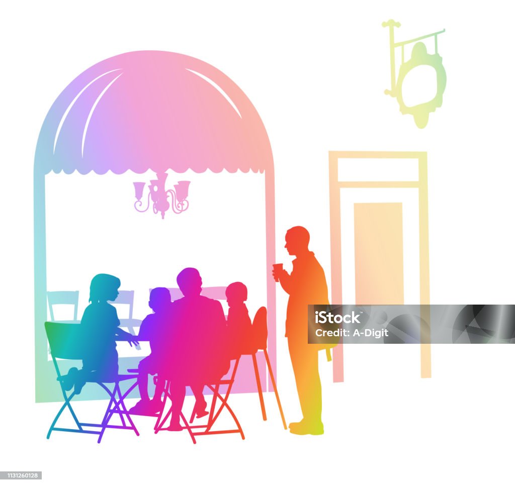 Fancy Local Cafe Family Rainbow Father and his kids eating out at a fancy terrace cafe Cafe stock vector