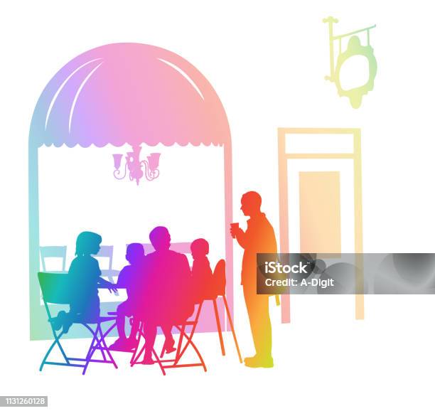 Fancy Local Cafe Family Rainbow Stock Illustration - Download Image Now - Cafe, Patio, Adult