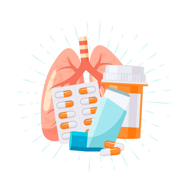 Pulmonary medication concept in flat style, vector Treatment for pulmonary diseases. Vector illustration in flat style for medical articles, posters, web banners, infographics etc. asma stock illustrations