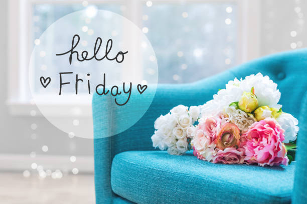 istock Hello Friday message with flower bouquets with chair 1131267619
