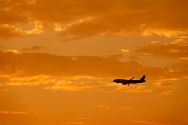 istock dramatic sky and Silhouette of the landing plane on a sunset 1131273570