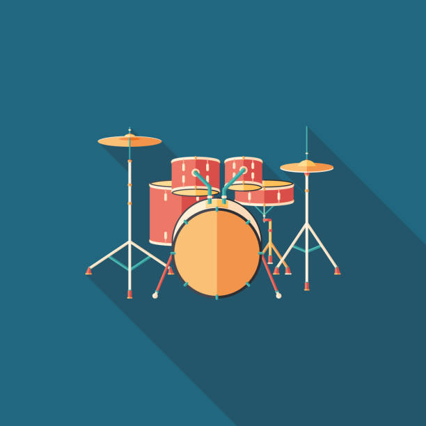 Drum set flat square icon with long shadows. Music and multimedia flat square icon with long shadows. drum percussion instrument stock illustrations