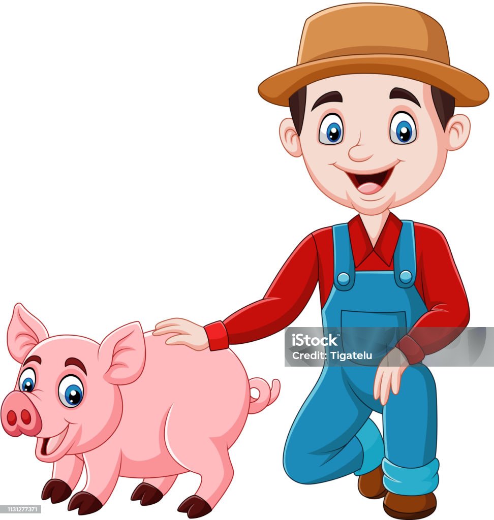Comic Bauer Karikatur Junger Bauer Mit Einem Schwein Stock Vektor Art und mehr ...