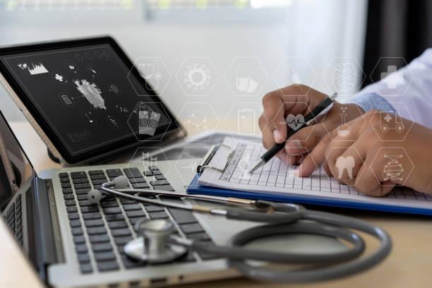 istock Health care writing prescription Doctor working modern virtual screen interface network 1131277657