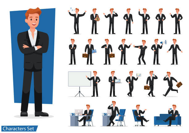 illustrazioni stock, clip art, cartoni animati e icone di tendenza di set di uomo d'affari che mostra diversi gesti character vector design. - manager portrait leadership men