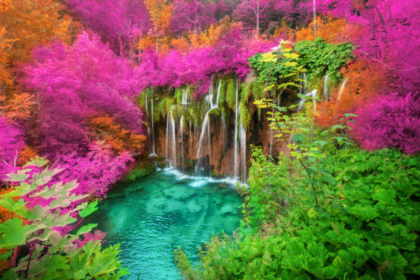 Exotic waterfall and lake landscape of Plitvice Lakes National Park, UNESCO natural world heritage and famous travel destination of Croatia. The lakes are located in central Croatia (Croatia proper).