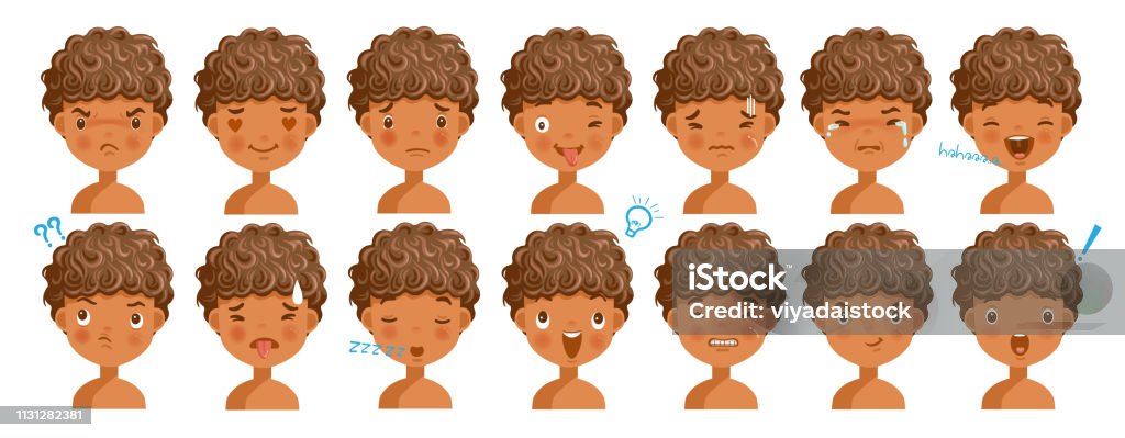 Boys curly hair Curly hair face dark skin bot facial emotions set. Child face with different expressions. Variety of emotions children. male heads show a variety of moods, differences. Schoolboy portrait avatars. Boys stock vector