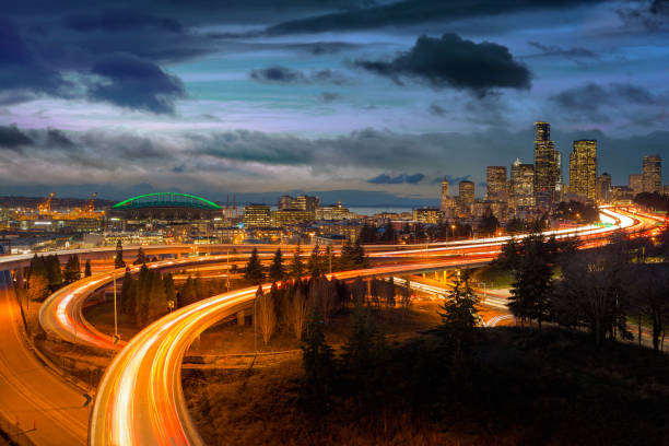 istock Seattle WA city skyline and freeway during sunset blue hour 1131284511