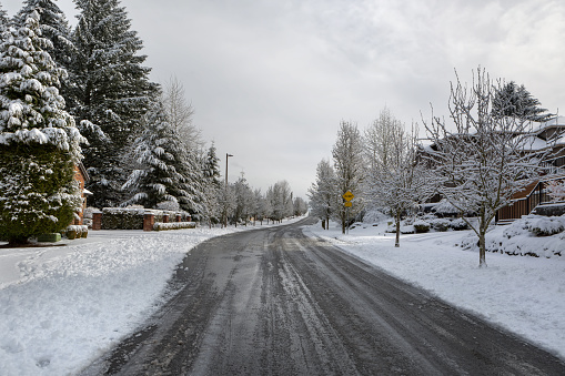 Plowed Salted de-iced street in North American suburban neighborhood Happy Valley Oregon USA