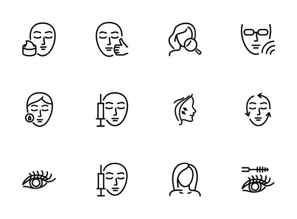 Cosmetology line icon set Cosmetology line icon set. Botox injection, solarium, mascara. Beauty concept. Can be used for topics like dermatology, skin care, aesthetics plastic surgery face stock illustrations