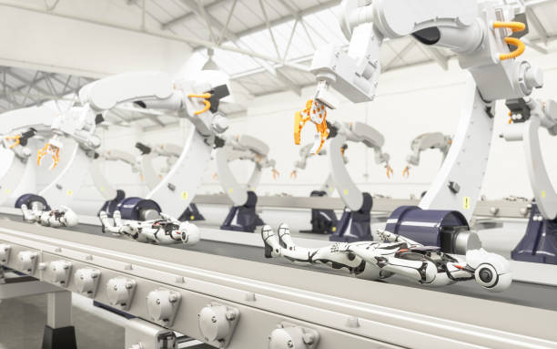 istock Robotic with arm in Robot factory. Robot assembly line 1131286833