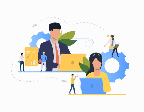 Communication flat icon Communication flat icon. Department leaders, laptop, presentation, gear. Teamwork concept. Can be used for topics like leadership, unit, business, analysis communication communication technology stock illustrations