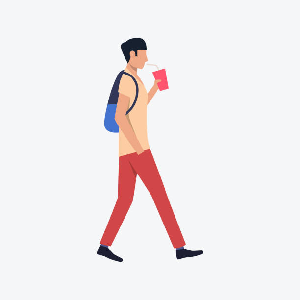 walking student płaska ikona. młody mężczyzna z plecakiem - consumption level stock illustrations