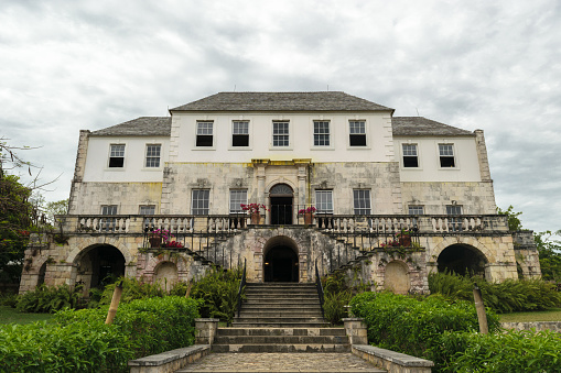 Montego Bay, Jamaica  - June 05 2015: Front view of the Rose Hall Great House in Montego Bay, Jamaica. Popular tourist attraction. Vintage architecture. Days of slavery.
