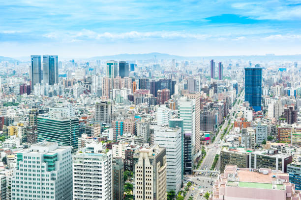 city skyline aerial view in Taipei 101, Taiwan Asia Business concept for real estate and corporate construction - panoramic modern cityscape building bird eye aerial view with World Trade Center in morning blue bright sky in Taipei 101, Taiwan taipei photos stock pictures, royalty-free photos & images