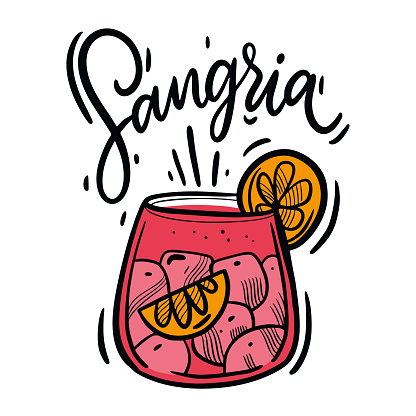 Hand drawn Sangria summer cocktail vector illustration. Traditional spanish drink. Isolated on white background.