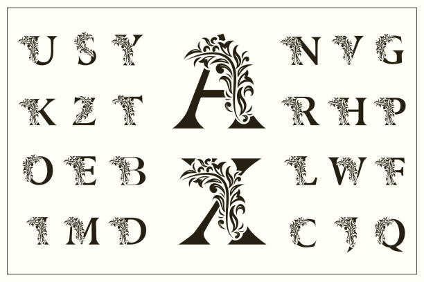 Set of Floral Capital Letters. Vintage Logos. Filigree Monograms. Beautiful Collection. English Alphabet. Simple Drawn Emblems. Graceful Style. Design of Calligraphic Insignia. Vector Illustration Vector illustration of Set of Floral Capital Letters. Vintage Logos. Filigree Monograms. Beautiful Collection. English Alphabet. Simple Drawn Emblems. Graceful Style. Design of Calligraphic Insignia. r i p stock illustrations