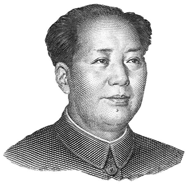 retrato de mao zedong macro aislado sobre fondo blanco - mao tse tung fotografías e imágenes de stock