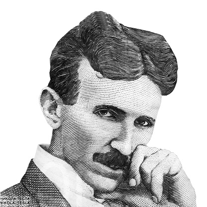 Mundialmente famoso inventor Nikola Tesla retrato aislado sobre fondo blanco. Imagen en blanco y negro photo