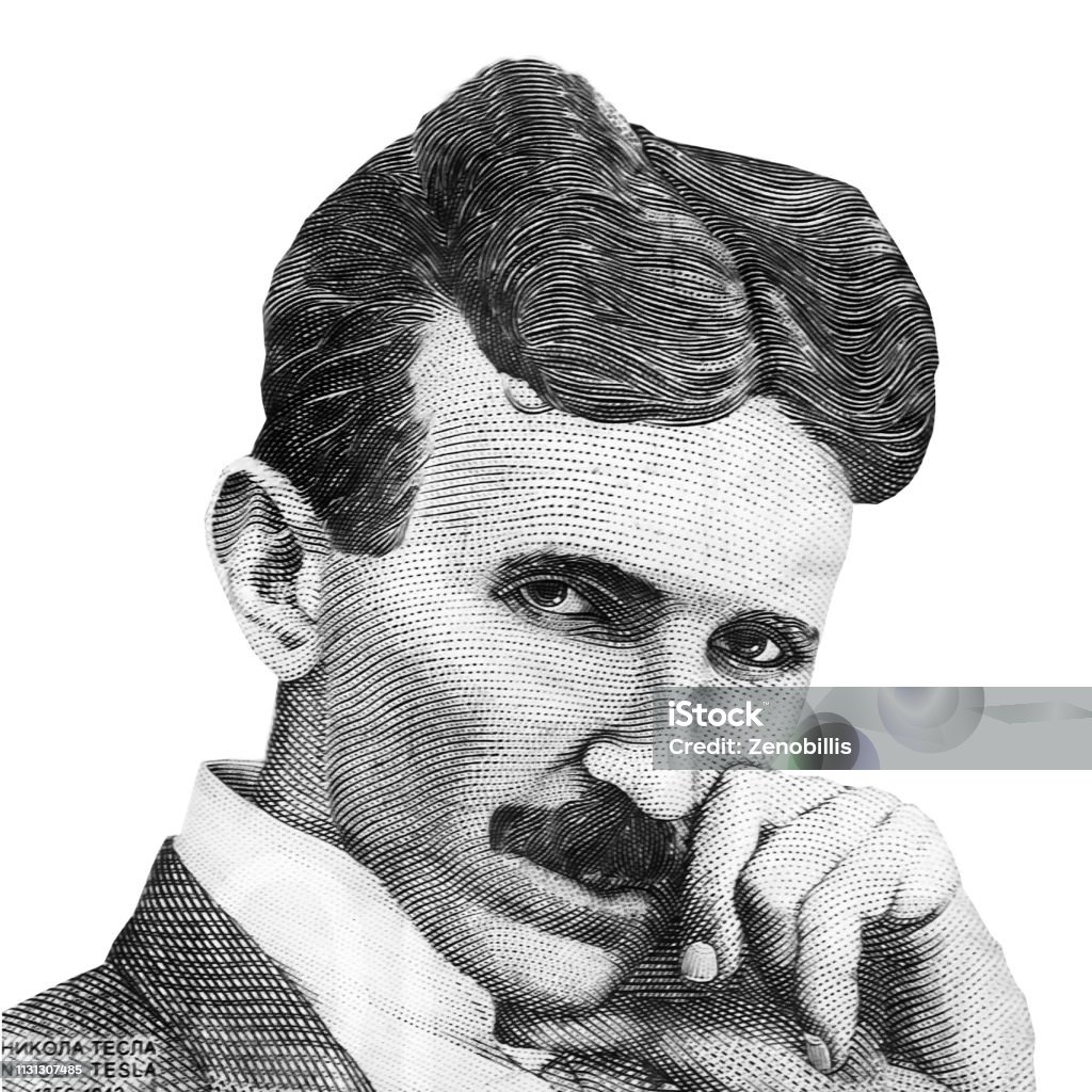 World famous inventor Nikola Tesla portrait isolated on white background. Black and white image Nikola Tesla Stock Photo