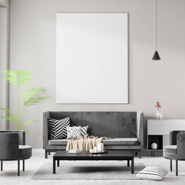istock Mock up poster frame in Scandinavian style hipster interior. Minimalist modern interior design. 3D illustration. 1131307614