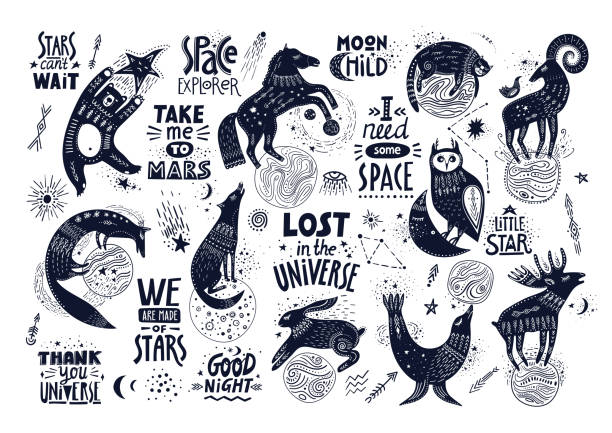 Vector hand-drawn illustration with lettering. Various magic animals and cosmic quotes. Vector hand-drawn illustration with lettering. Various magic animals and cosmic quotes. wolf illustrations stock illustrations