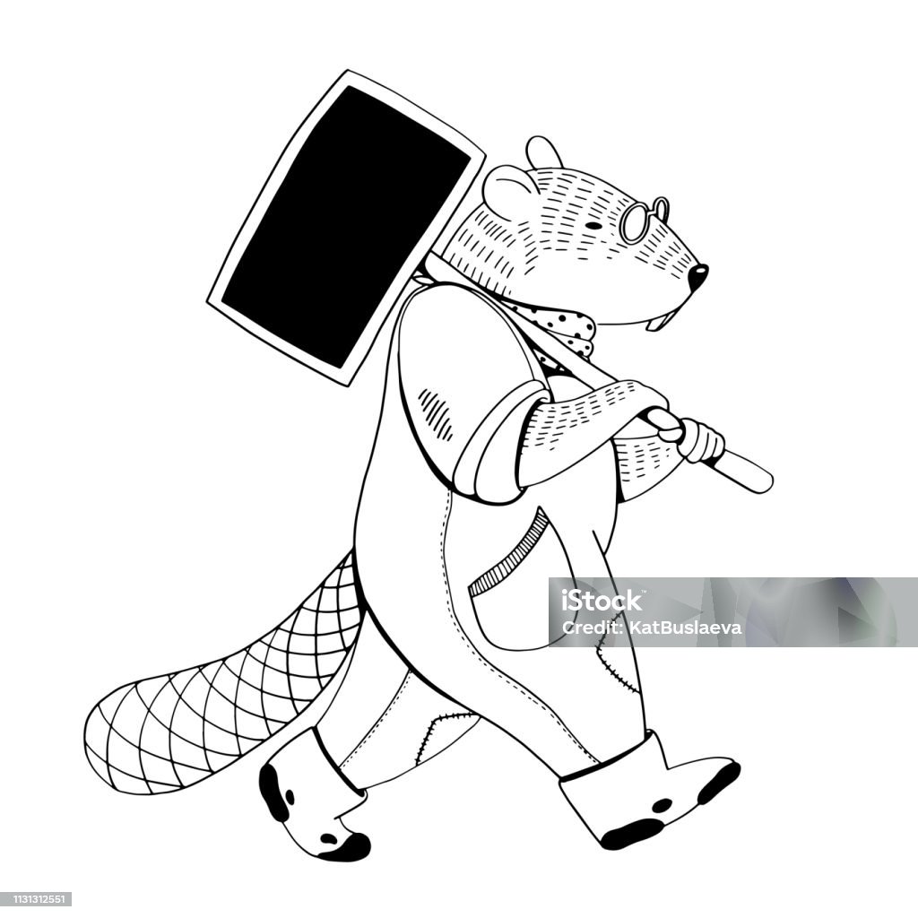 Vector illustration for coloring book. The beaver like human in glasses and uniform holding a black nameplate for garden and going Adult stock vector