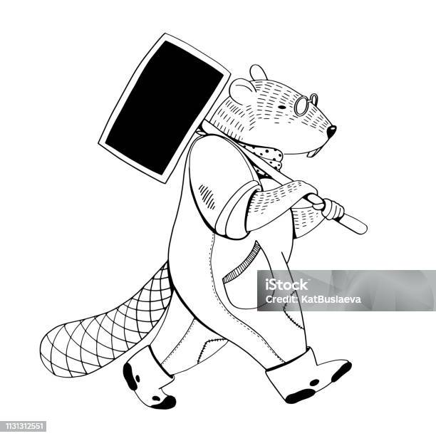 Vector Illustration For Coloring Book The Beaver Like Human In Glasses And Uniform Holding A Black Nameplate For Garden And Going Stock Illustration - Download Image Now