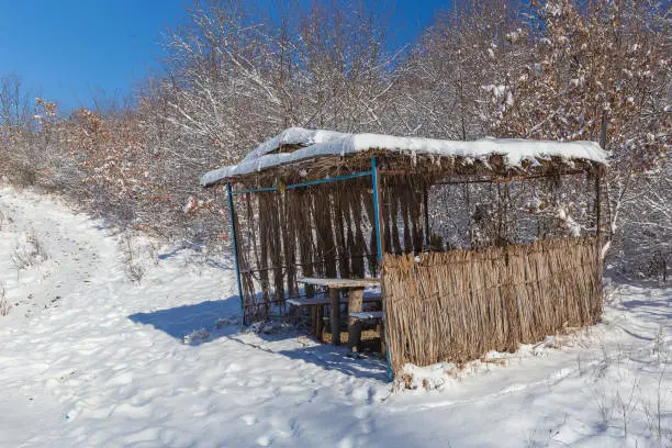 Snow-covered gazebo for relaxing in the forest