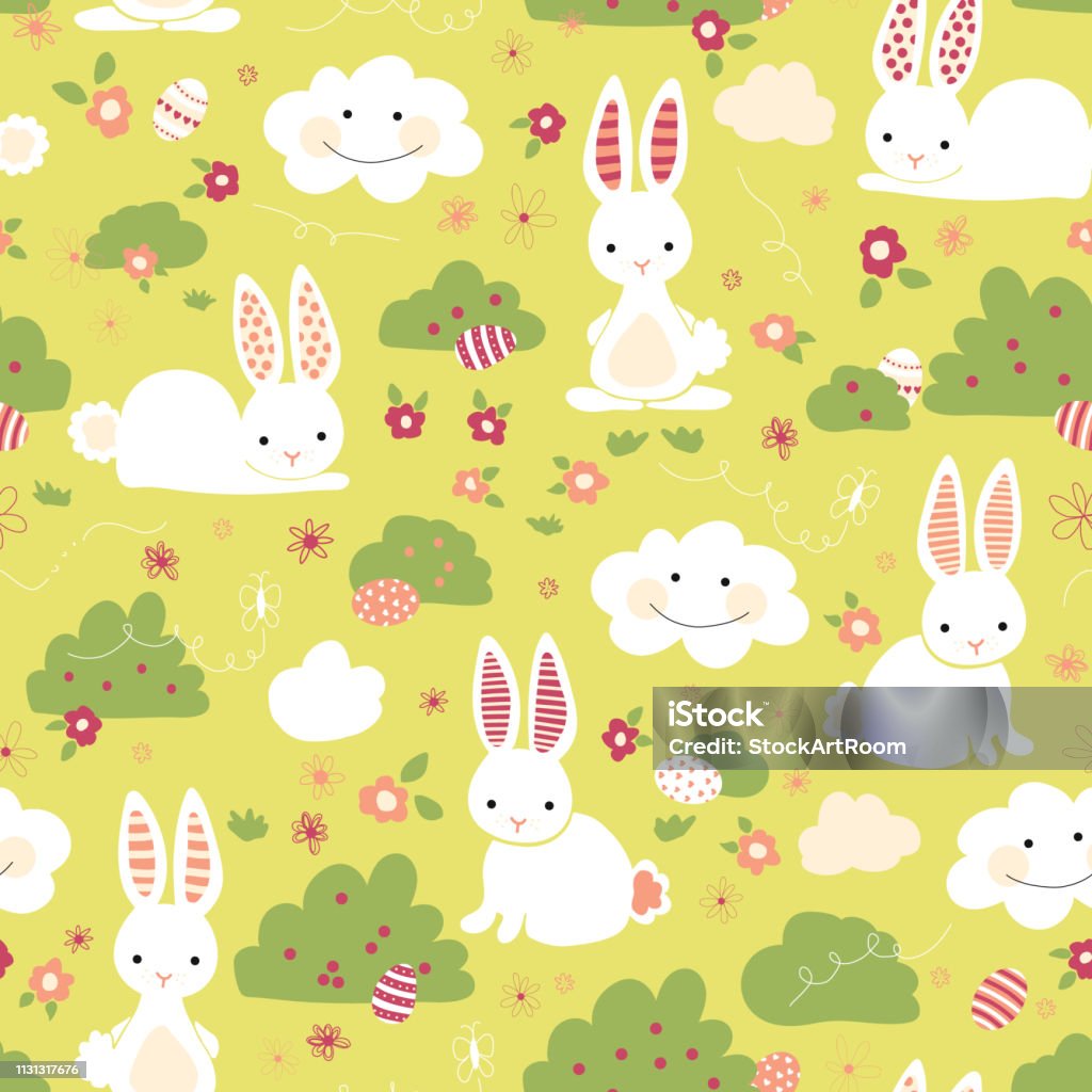 Easter Bunny Seamless Vector Pattern Cute Bunnies Easter Eggs Flowers  Clouds On Green Background Cartoon Style Rabbits Hiding Eggs For Gift Wrap  Digital Paper Kids Fabric Web Banner Spring Stock Illustration -