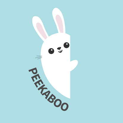 White bunny rabbit holding wall signboard. Cute cartoon funny animal hiding behind paper. Happy Easter symbol. Peekaboo text. Flat design. Pastel blue color background. Vector illustration