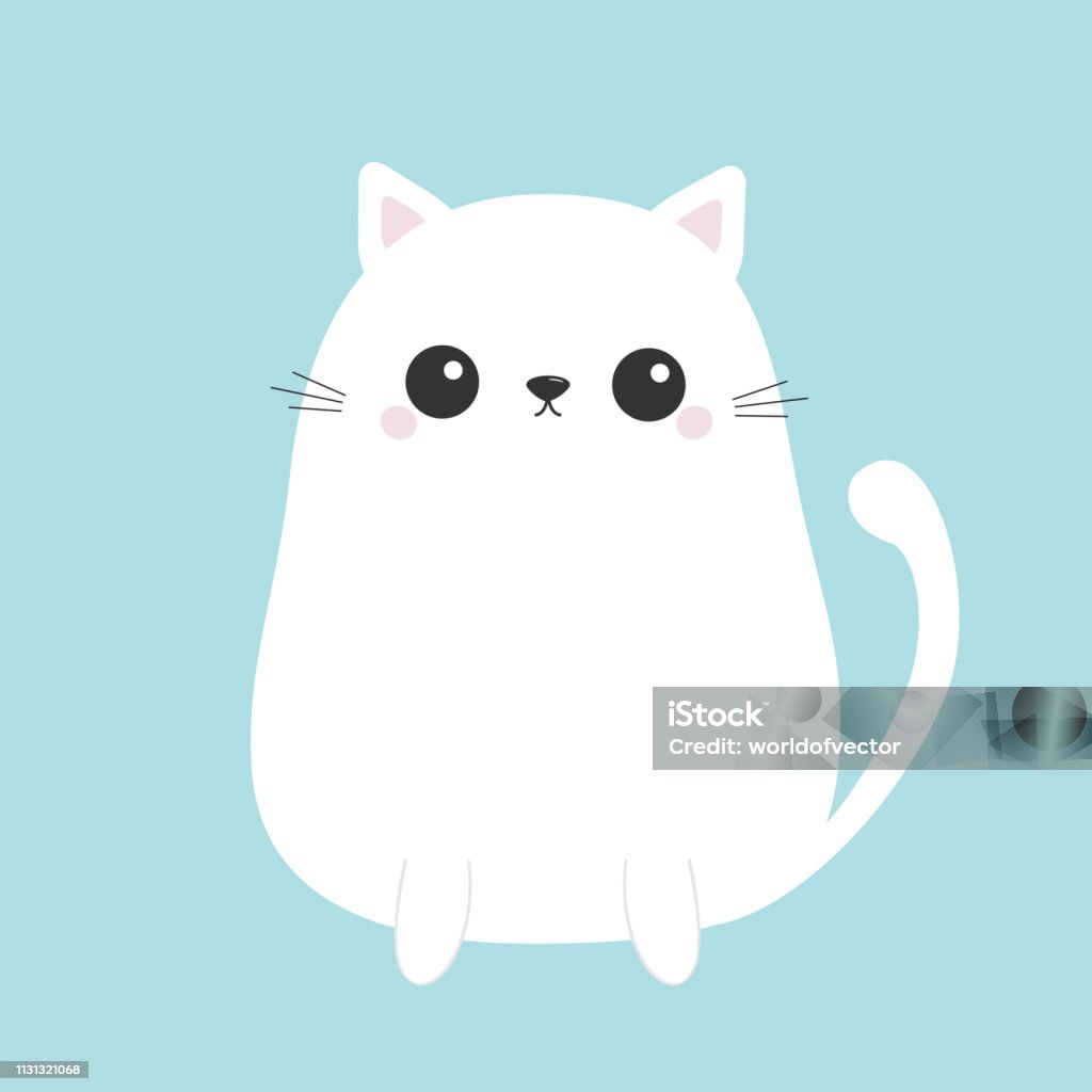 White Cute Sitting Cat Baby Kitten Kawaii Animal Cartoon Kitty Character  Funny Face With Eyes Mustaches Nose Ears Love Greeting Card Flat Design  Blue Background Isolated Stock Illustration - Download Image Now -