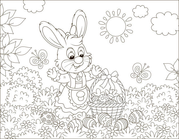 osterhase mit einem korb bemalter eier - baumwollschwanzkaninchen stock-grafiken, -clipart, -cartoons und -symbole