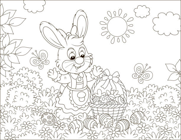 ilustrações, clipart, desenhos animados e ícones de coelhinho da páscoa com uma cesta de ovos pintados - easter egg paint black and white drawing