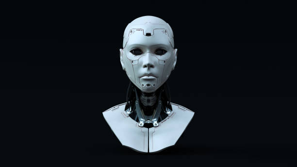cyborg con iluminación neutral azul frente - ciborg fotografías e imágenes de stock