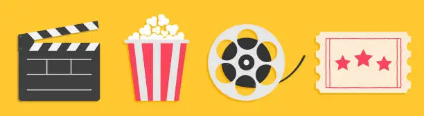 Vector illustration of Cinema icon set line. Popcorn box package Big movie reel. Open clapper board. Ticket Admit one. Three star. Flat design style. Yellow background. Isolated.