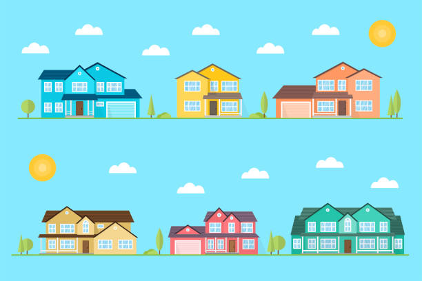 Neighborhood with homes illustrated on the blue background. Vector flat icon suburban american houses day. For web design and application interface, also useful for infographics. Vector. Neighborhood with homes illustrated on the blue background. Vector flat icon suburban american houses day For web design and application interface, also useful for infographics. Vector illustration. modern house driveway stock illustrations